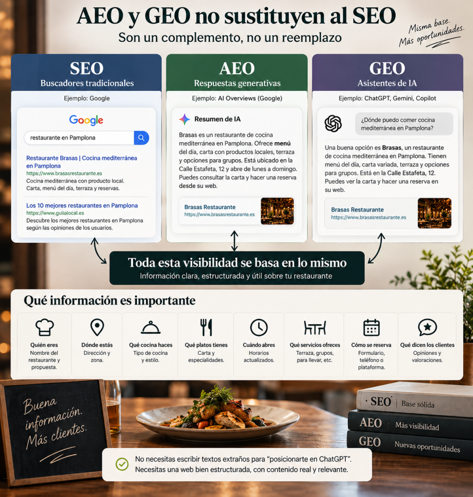 Infografía que compara SEO, AEO y GEO aplicados a un restaurante y muestra cómo Google, AI Overviews y asistentes como ChatGPT, Gemini o Copilot necesitan comprender la misma información esencial del negocio: quién es, dónde está, qué tipo de cocina ofrece, qué platos tiene, cuáles son sus horarios, servicios, opciones de reserva y opiniones de clientes. La imagen refuerza la idea de que AEO y GEO amplían las oportunidades de visibilidad, pero no sustituyen una estrategia SEO sólida ni una web bien estructurada.