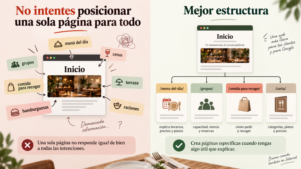 Mapa visual que compara una homepage saturada con múltiples intenciones —menú del día, grupos, comida para recoger, terraza, hamburguesas, cenas y raciones— frente a una estructura web organizada en páginas específicas como /menu-del-dia/, /grupos/, /comida-para-recoger/ y /carta/. La imagen explica cómo una arquitectura clara facilita que el usuario encuentre la información que busca y ayuda a Google a comprender mejor cada temática del restaurante.