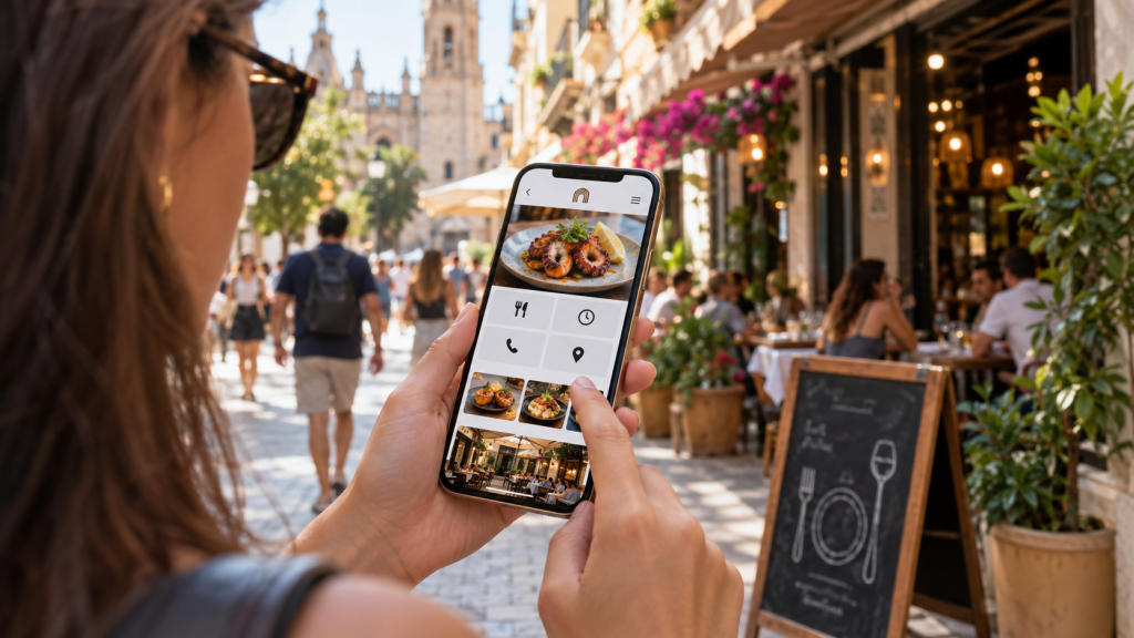 Fotografía realista de una persona consultando desde el móvil la web de un restaurante mientras camina por una zona urbana con establecimientos de hostelería. La pantalla muestra una interfaz móvil clara con acceso rápido a carta, horarios, llamada, ubicación y fotografías. La imagen representa la importancia de diseñar primero para móvil y evitar menús complicados, botones pequeños, PDFs pesados, popups invasivos y elementos que retrasen la navegación.