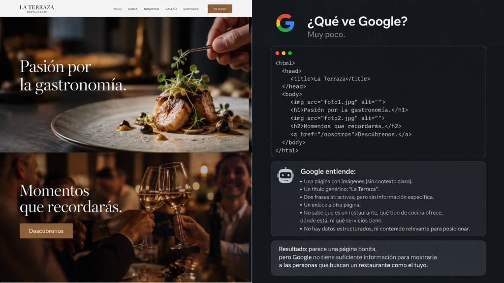 Comparativa visual de una página web de restaurante con grandes fotografías y mensajes genéricos frente a la información que Google puede interpretar. La imagen muestra cómo una web puede resultar atractiva para el usuario, pero ofrecer poco contexto sobre el tipo de restaurante, ubicación, cocina, servicios o contenido relevante para el posicionamiento web.