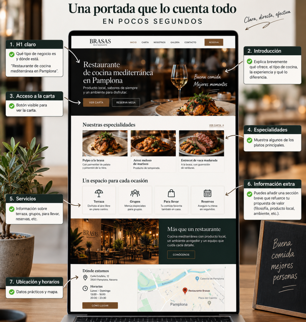 Infografía visual que muestra la estructura recomendada para la página principal de un restaurante: H1 claro con tipo de cocina y ubicación, introducción breve, acceso visible a la carta, especialidades destacadas, servicios como terraza, grupos, comida para llevar y reservas, además de dirección, horarios y mapa. La imagen representa cómo una homepage bien estructurada aporta contexto útil al usuario y facilita que Google entienda correctamente el negocio sin recurrir a la repetición artificial de palabras clave.