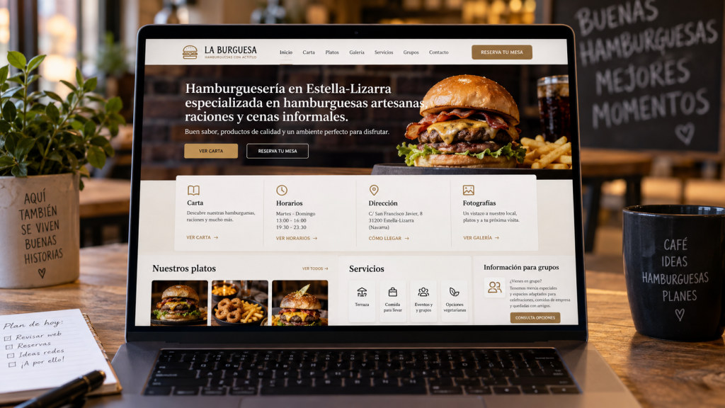 Imagen de un portátil mostrando la web de una hamburguesería en Estella-Lizarra bien estructurada, con información clara sobre carta, horarios, dirección, fotografías, platos, servicios y reservas para grupos. La escena ilustra cómo una página web puede ser atractiva visualmente y, al mismo tiempo, aportar contexto real y útil tanto para el usuario como para Google.